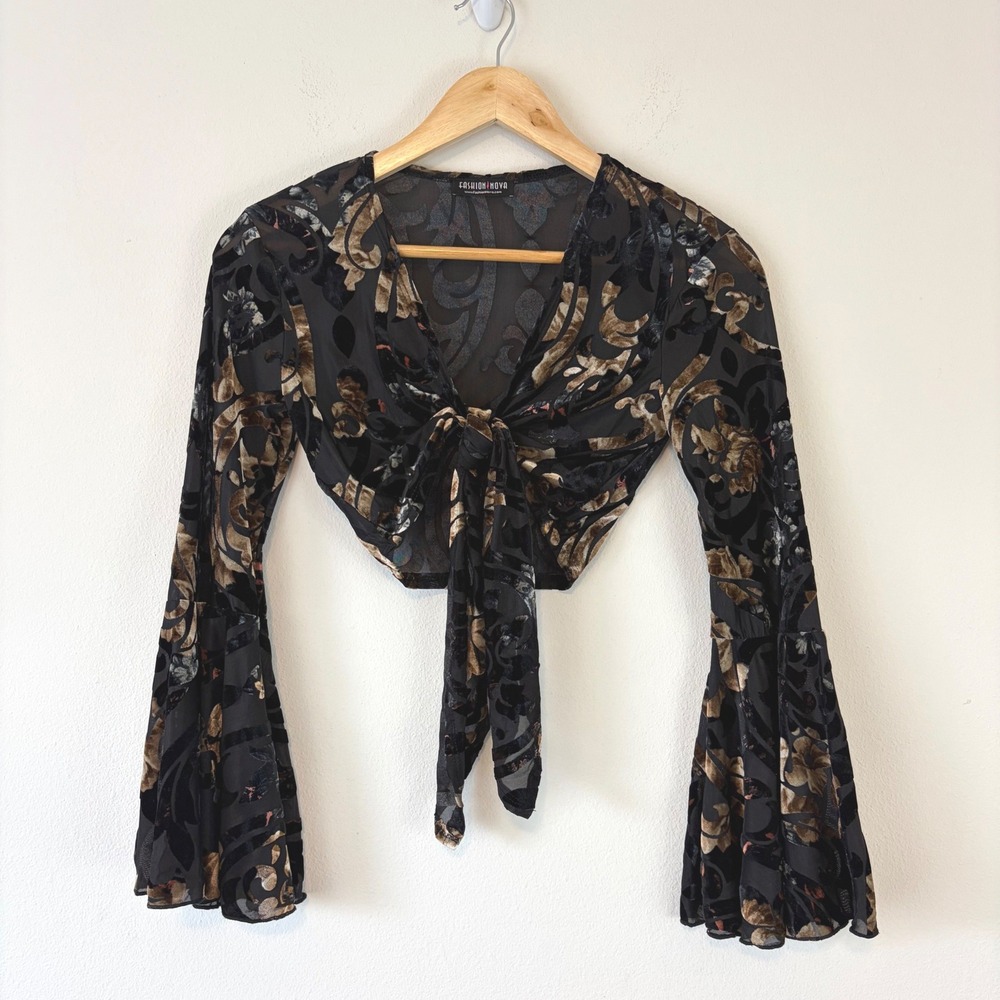 Whimsigoth XS Black Burnout Velvet Bell Sleeve Tie Front Crop Top Dark Romance